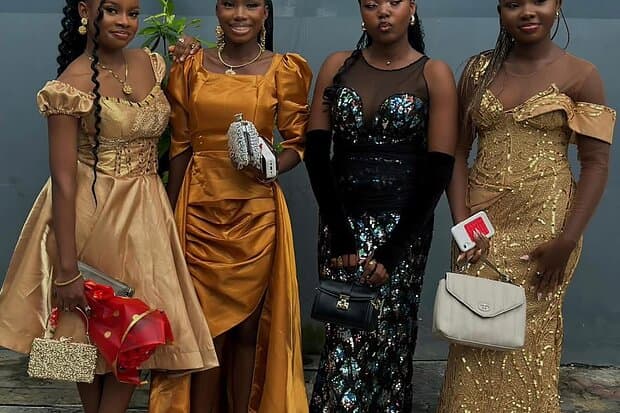 Guests in evening gowns on the red carpet
